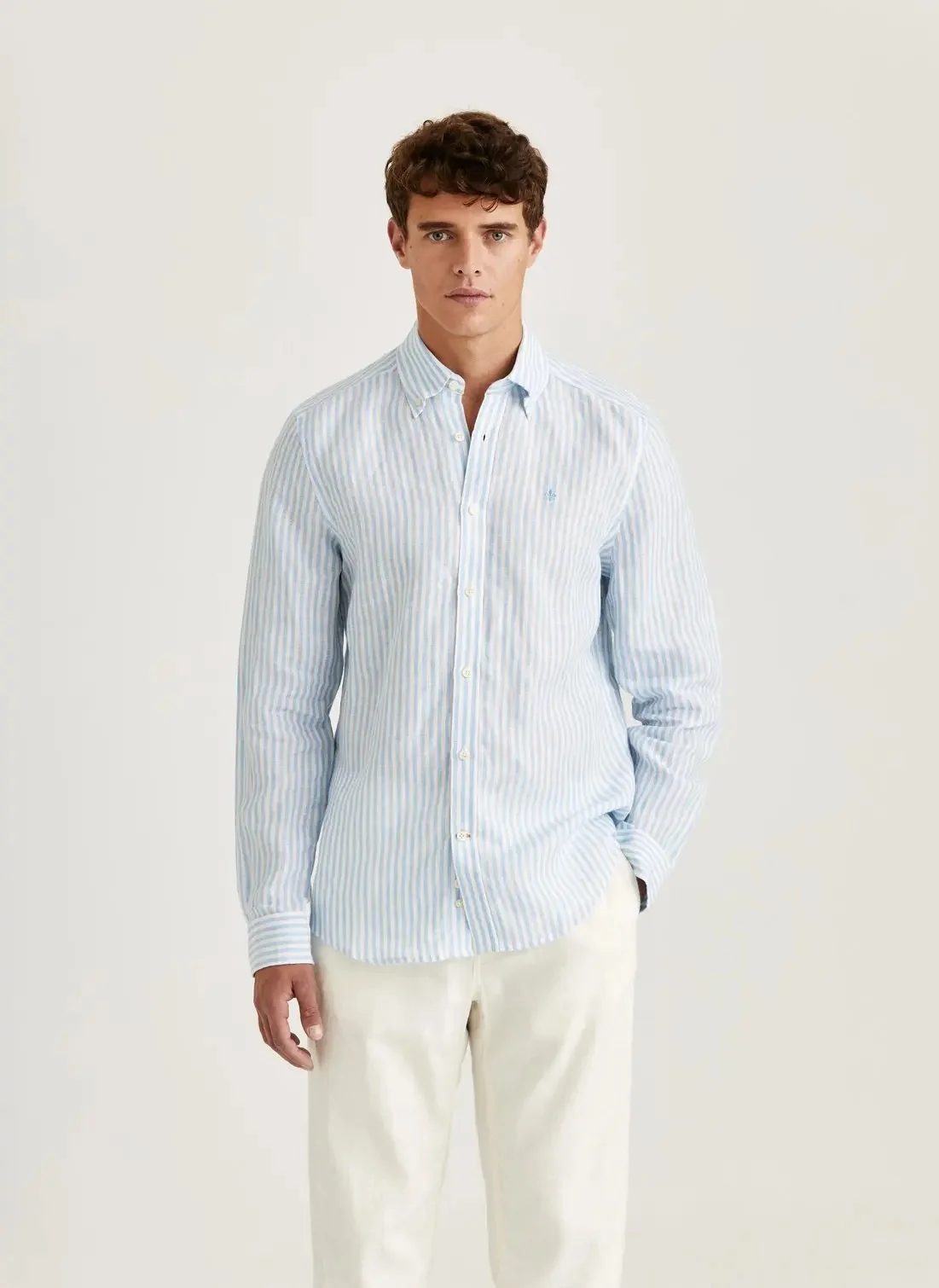 Douglas Linen Stripe Shirt-Classic Fit Blue