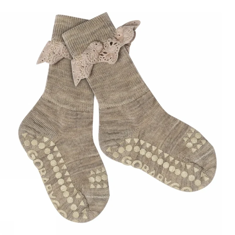 Non-Slip socks in Merino Wool - Lace  Light Brown Melange
