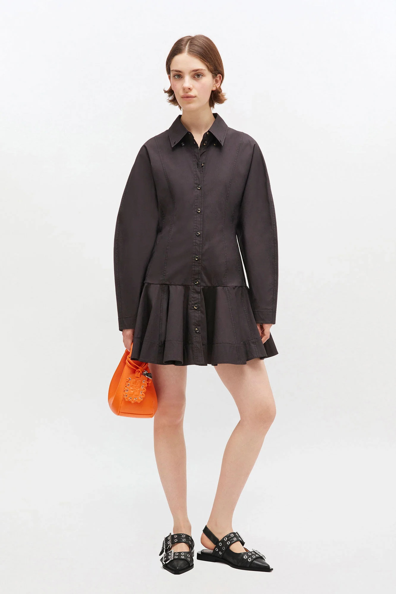 Stretch cotton buttoned mini dress 099-Black - Image 2