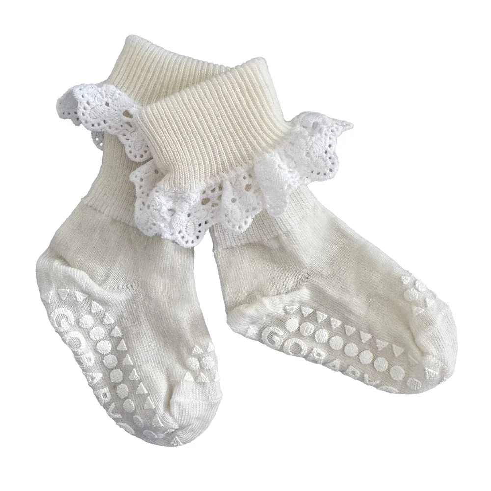 Non-Slip socks in Merino Wool - Lace  Snow White