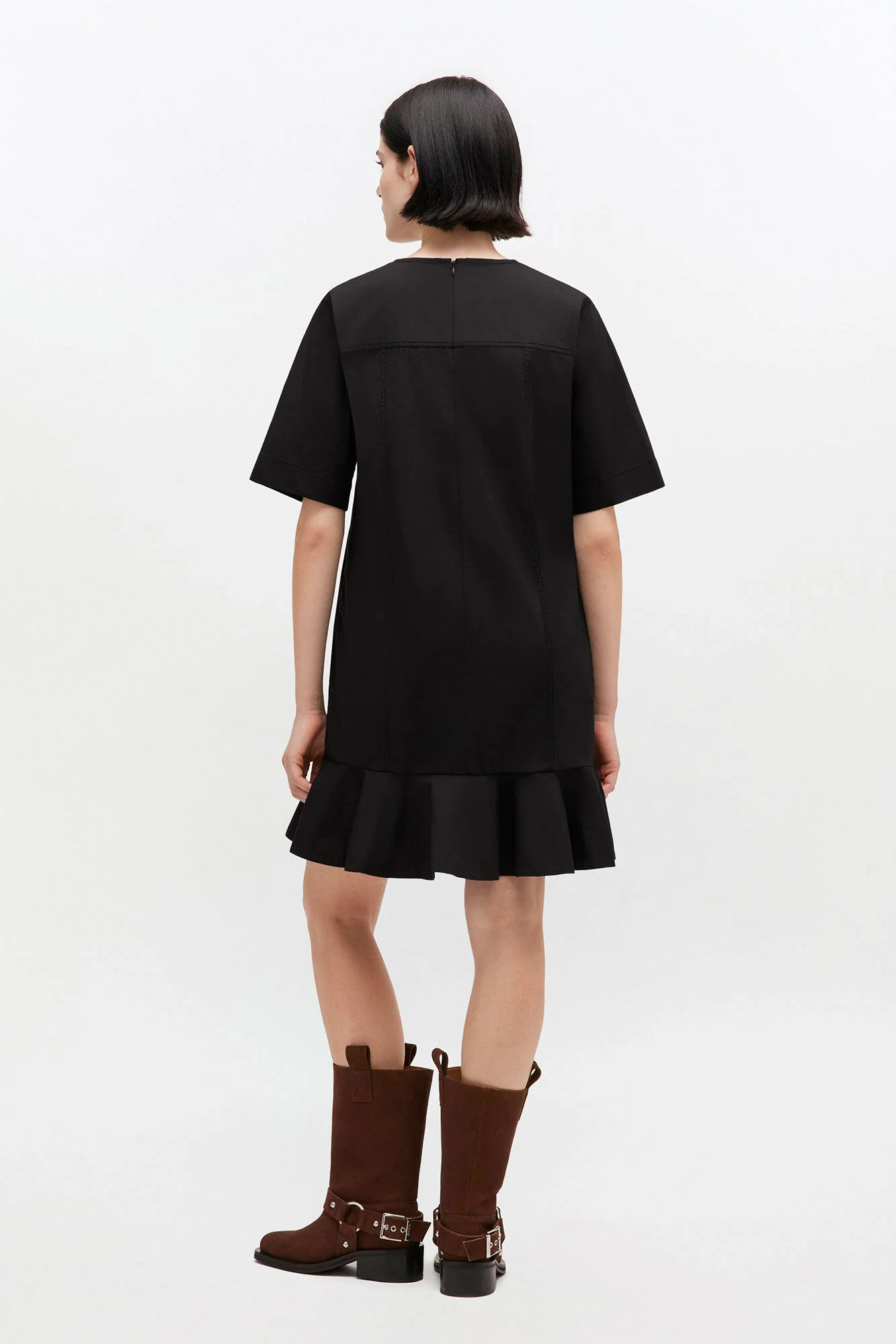 Stretch Cotton Mini Dress w. Frill Black - Image 3