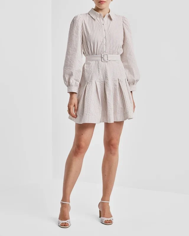 Seersucker Pleated Dress Khaki Stripe