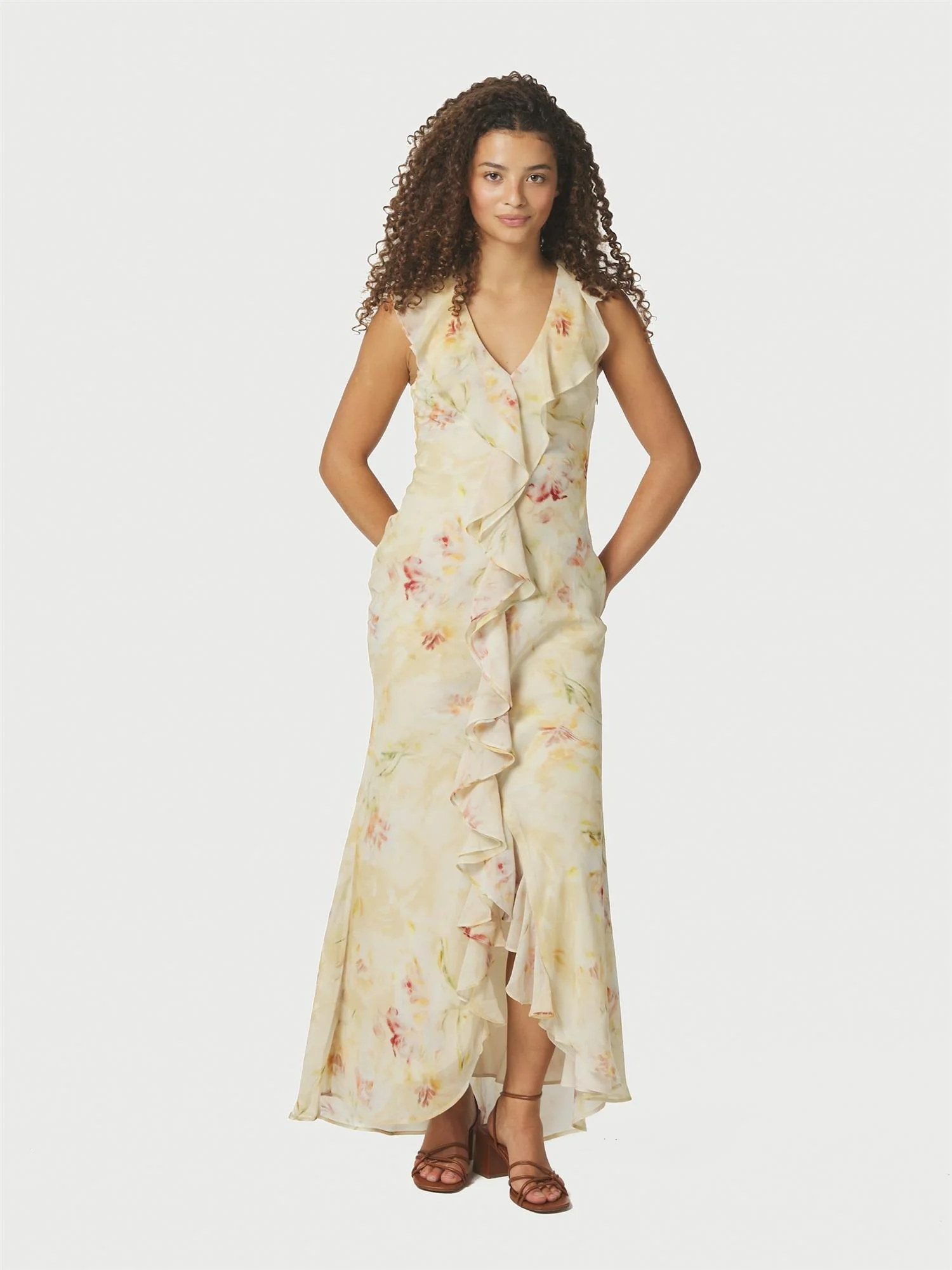 Zella Chiffon Print Dress Dusty Yellow - Image 3