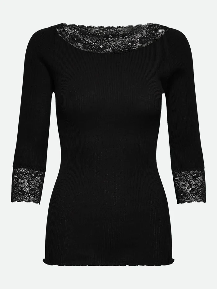 RWBeatha Silk 3/4 Sleeve Boatneck Lace T-shirt Black