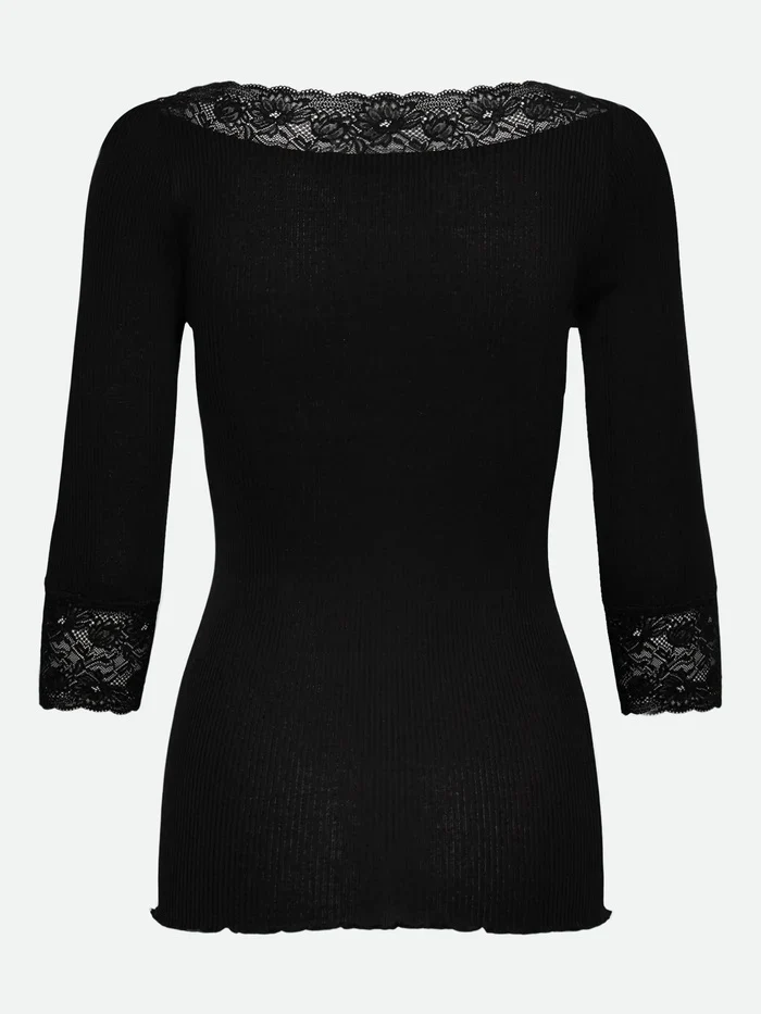 RWBeatha Silk 3/4 Sleeve Boatneck Lace T-shirt Black - Image 2