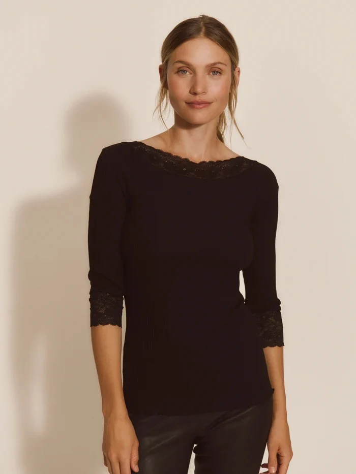RWBeatha Silk 3/4 Sleeve Boatneck Lace T-shirt Black - Image 3