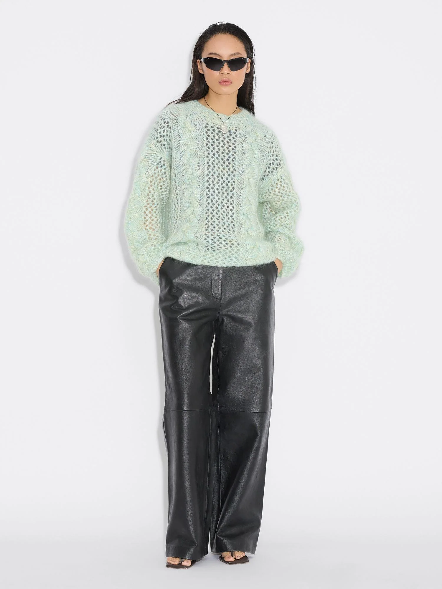 Mohair Cable Knit Crew  Green Mix - Image 3