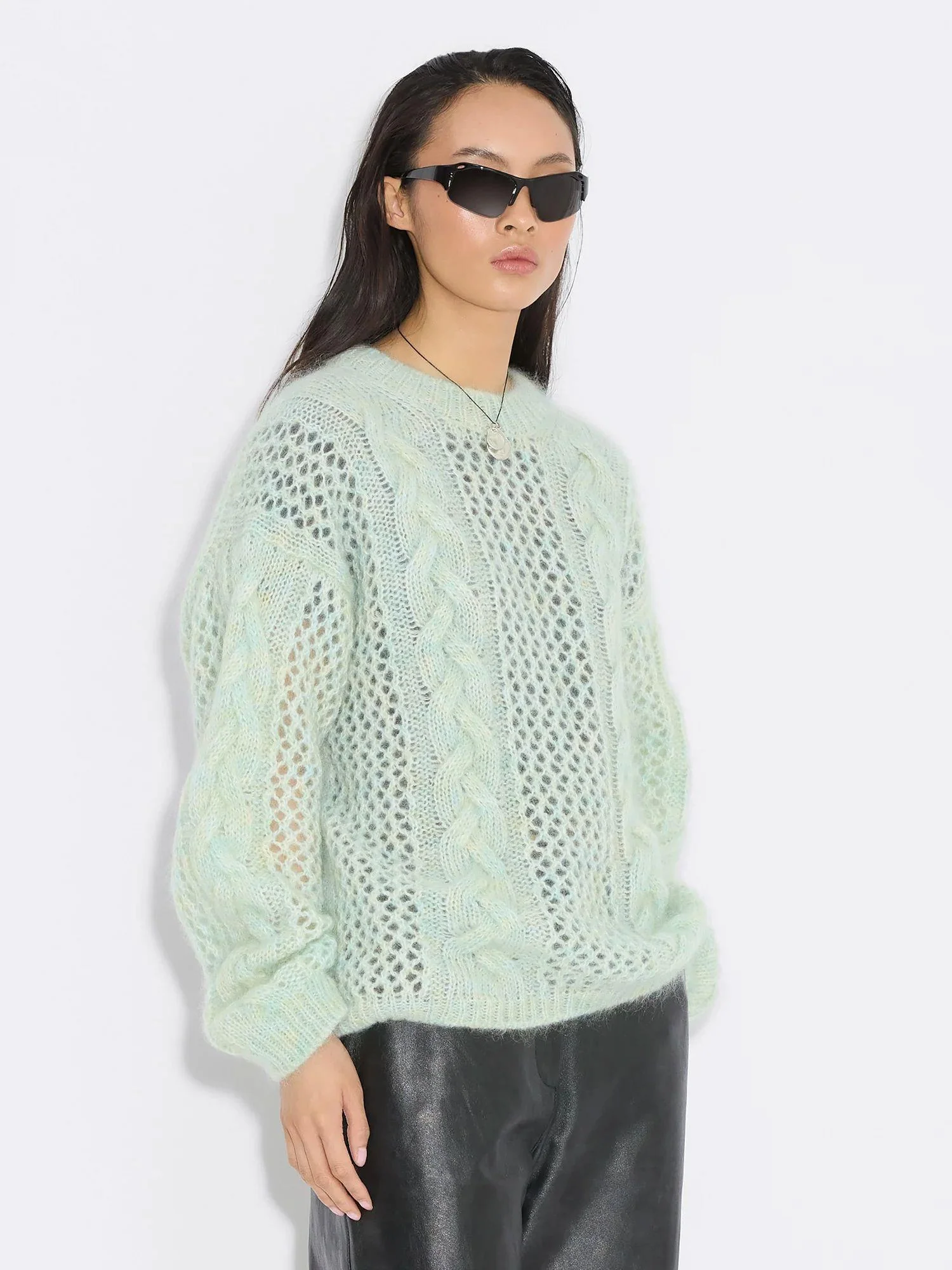 Mohair Cable Knit Crew  Green Mix - Image 4