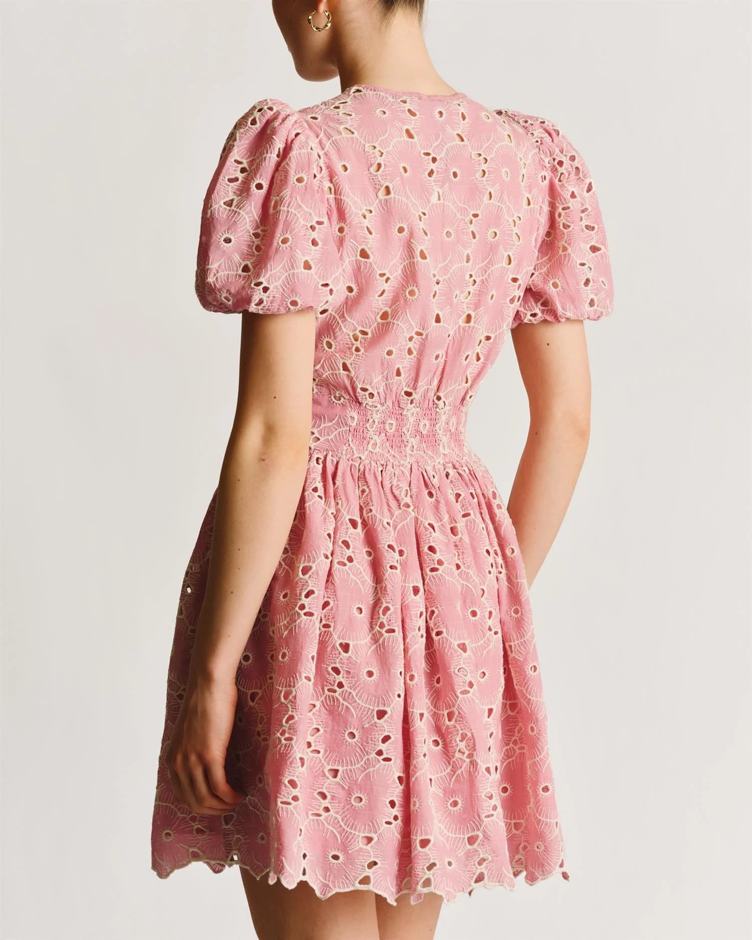 Broderie Anglaise Puffed Dress Rose Pink - Image 3
