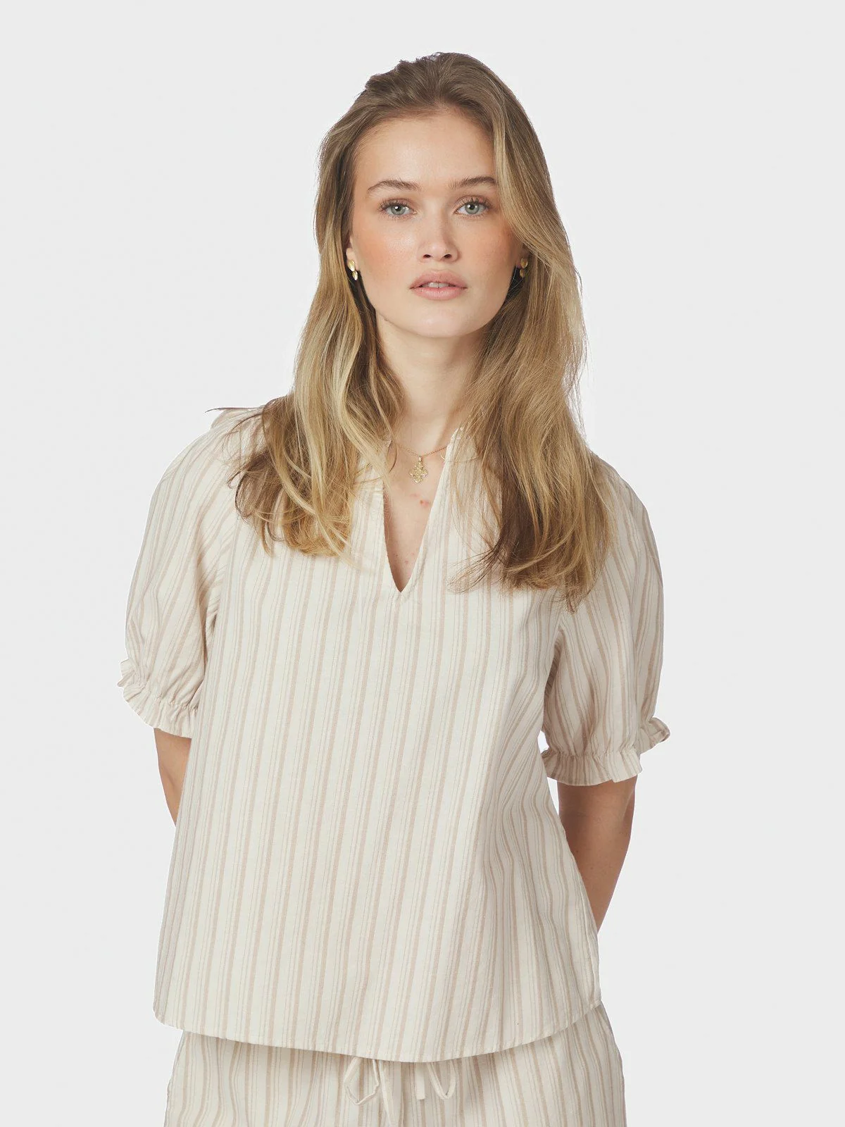 Odesa Linen Stripe Blouse  Sand - Image 7