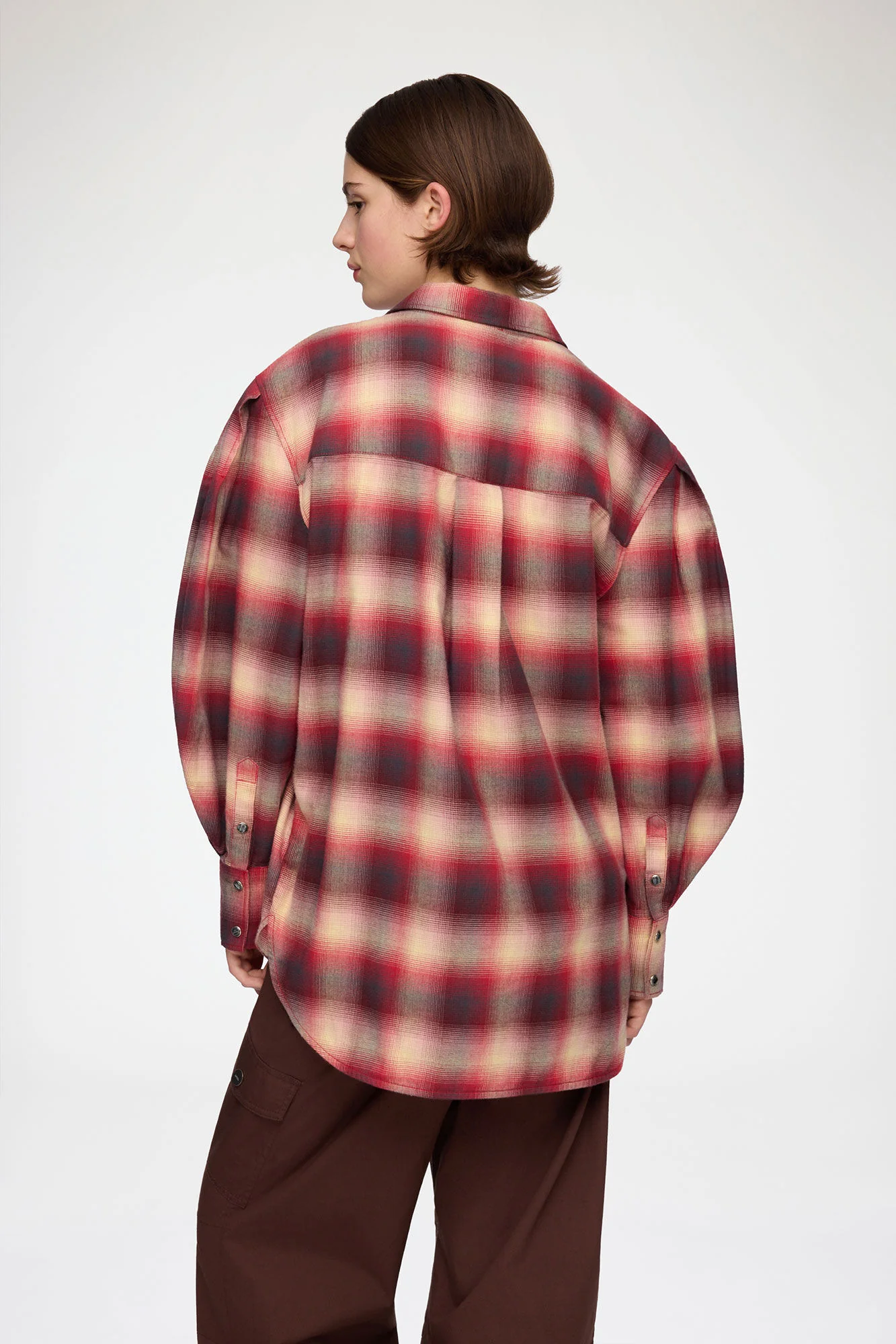 Cotton Flannel Check Pleated Sleeve Shirt Raspberry Wine - Image 4